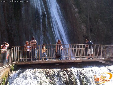 Sightseeing bridge in front of the waterfall